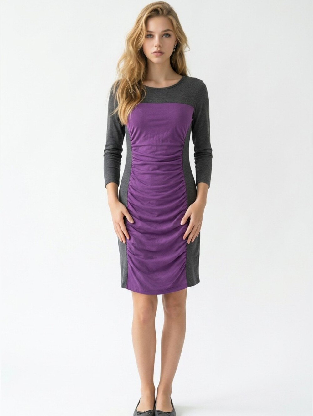 Theory Purple and Gray Ruched Sheath Dress